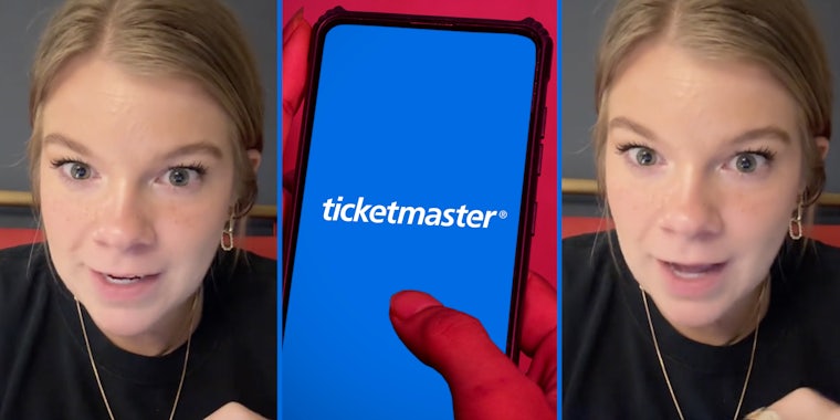Woman talking(l+r), Hand holding phone with ticketmaster app(C)