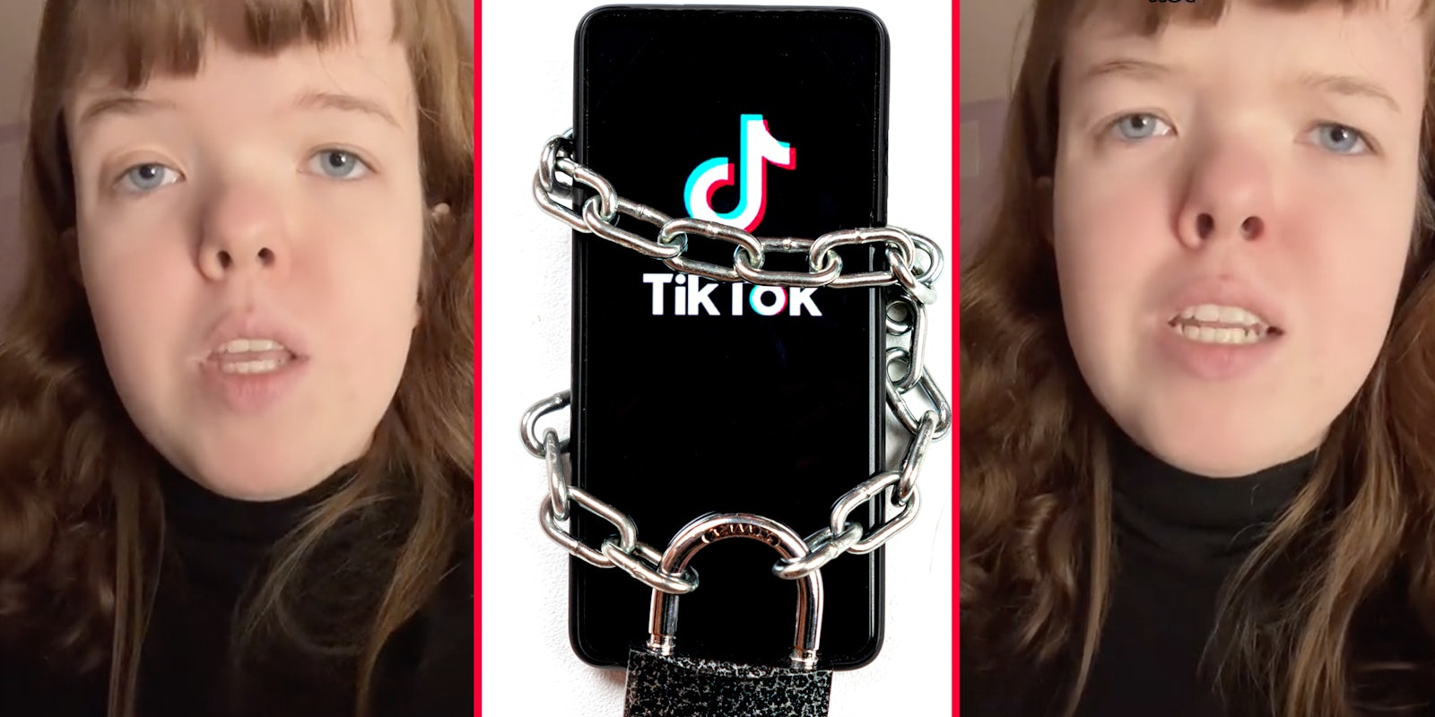 Woman talking(l+r), Phone with chains and lock and tiktok app open(c)