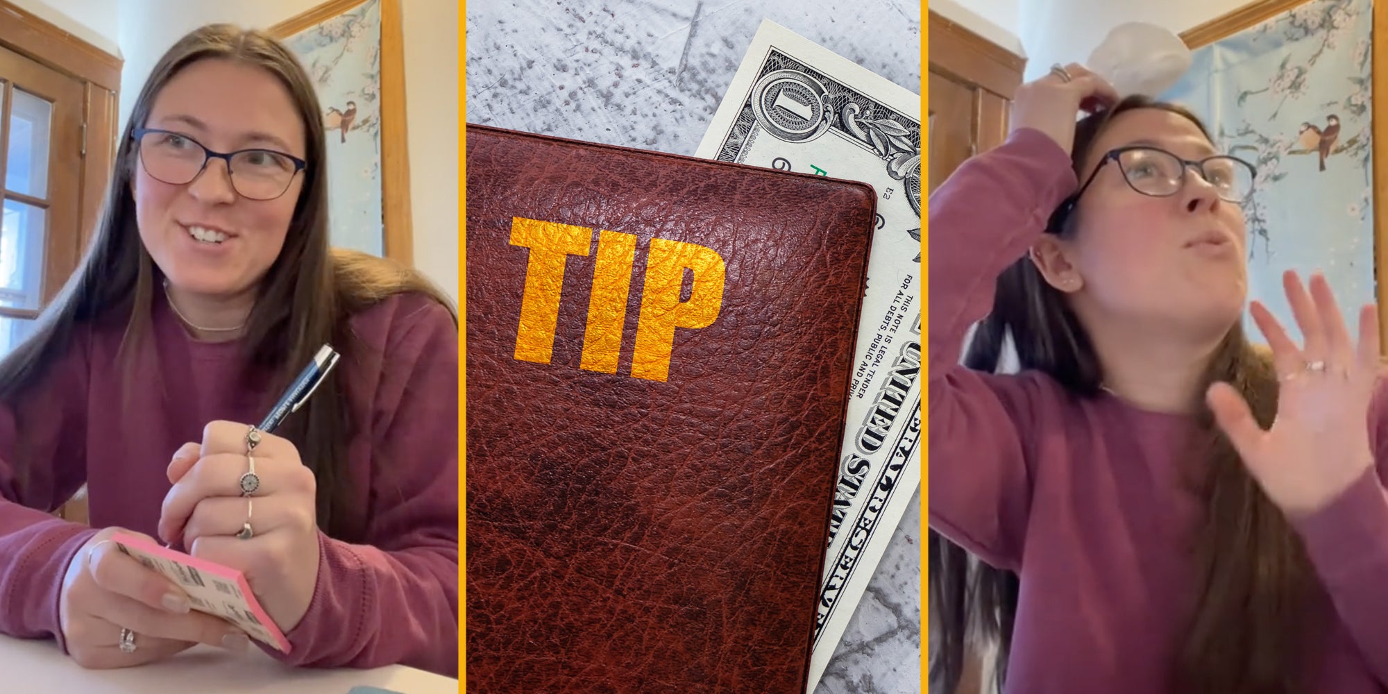 Woman as server(l), tip with one dollar(c), Woman as customer(r)