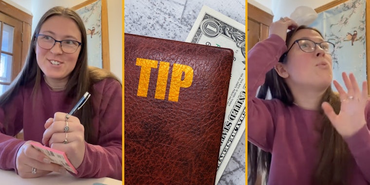 Woman as server(l), tip with one dollar(c), Woman as customer(r)