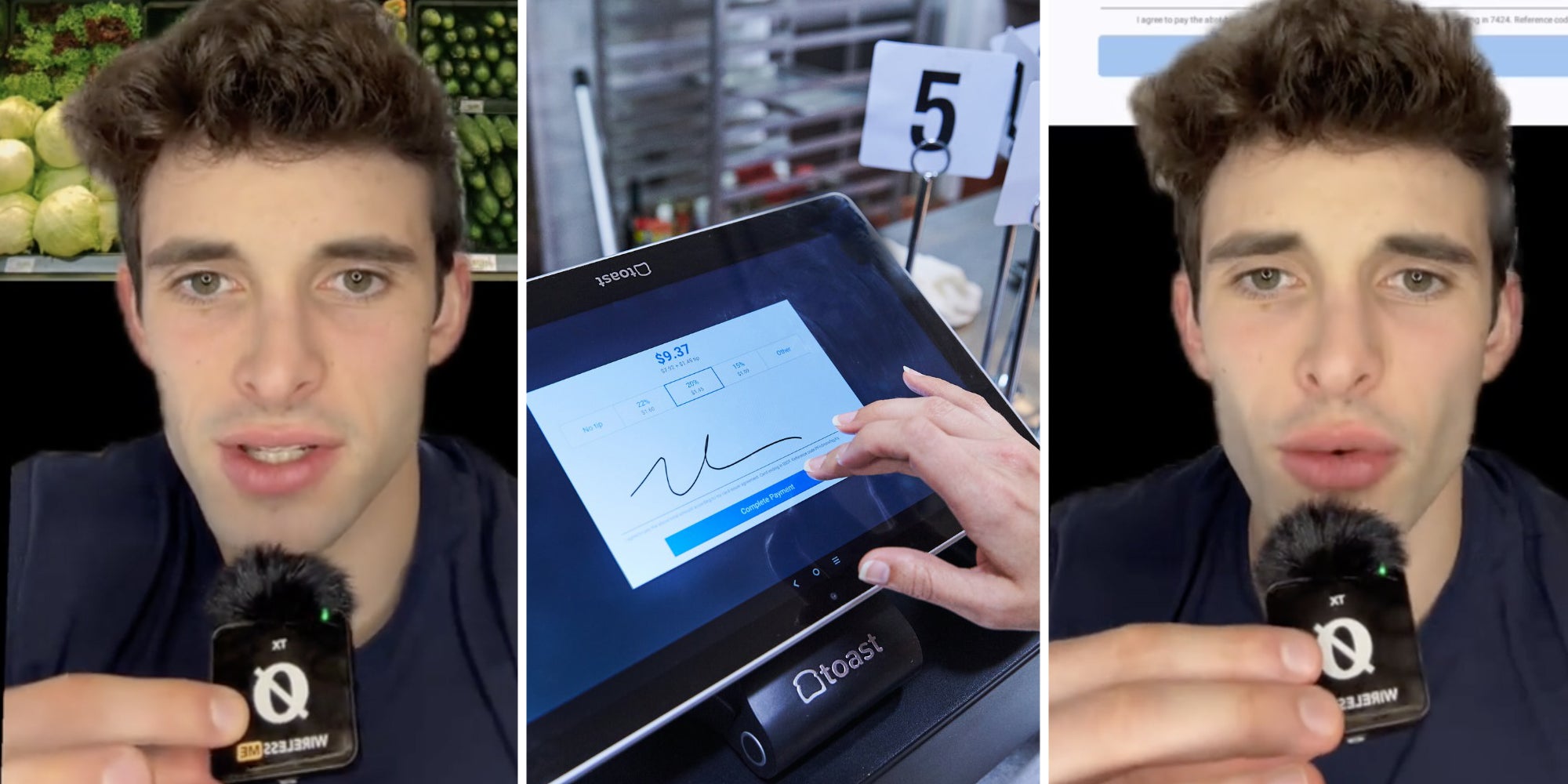 Man speaking into mic(l+r), Hand signing toast tablet(c)