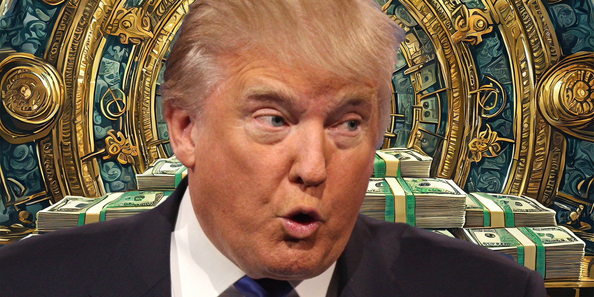 Donald Trump with stacks of dollar bills