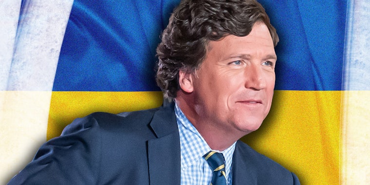 Tucker Carlson over Ukraine flag