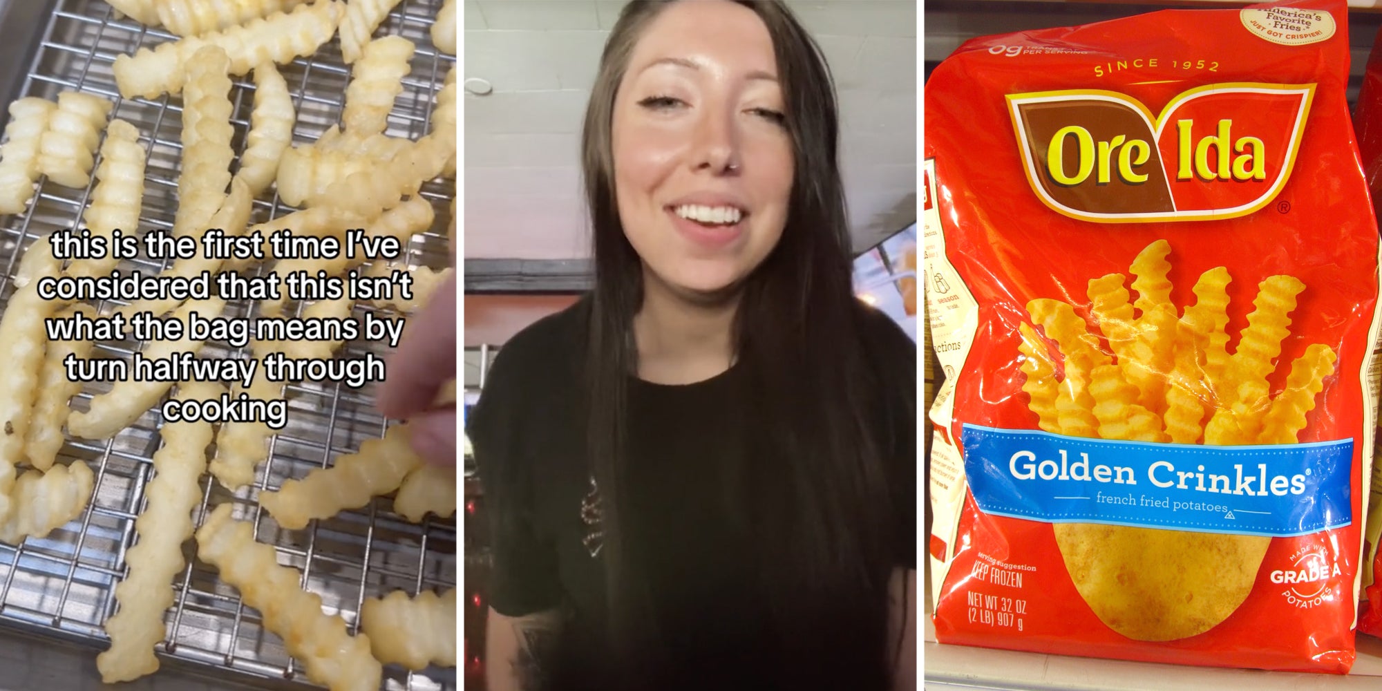 French fries(l), Woman talking(c), OreIda frozen french fry bag(r)