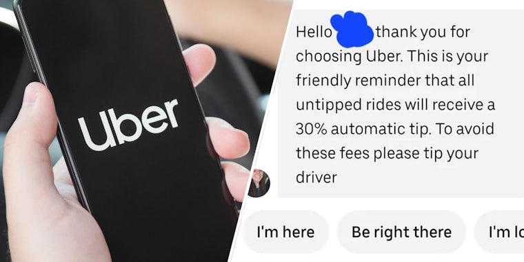 Hand holding phone with uber app(l), Text from uber driver(r)