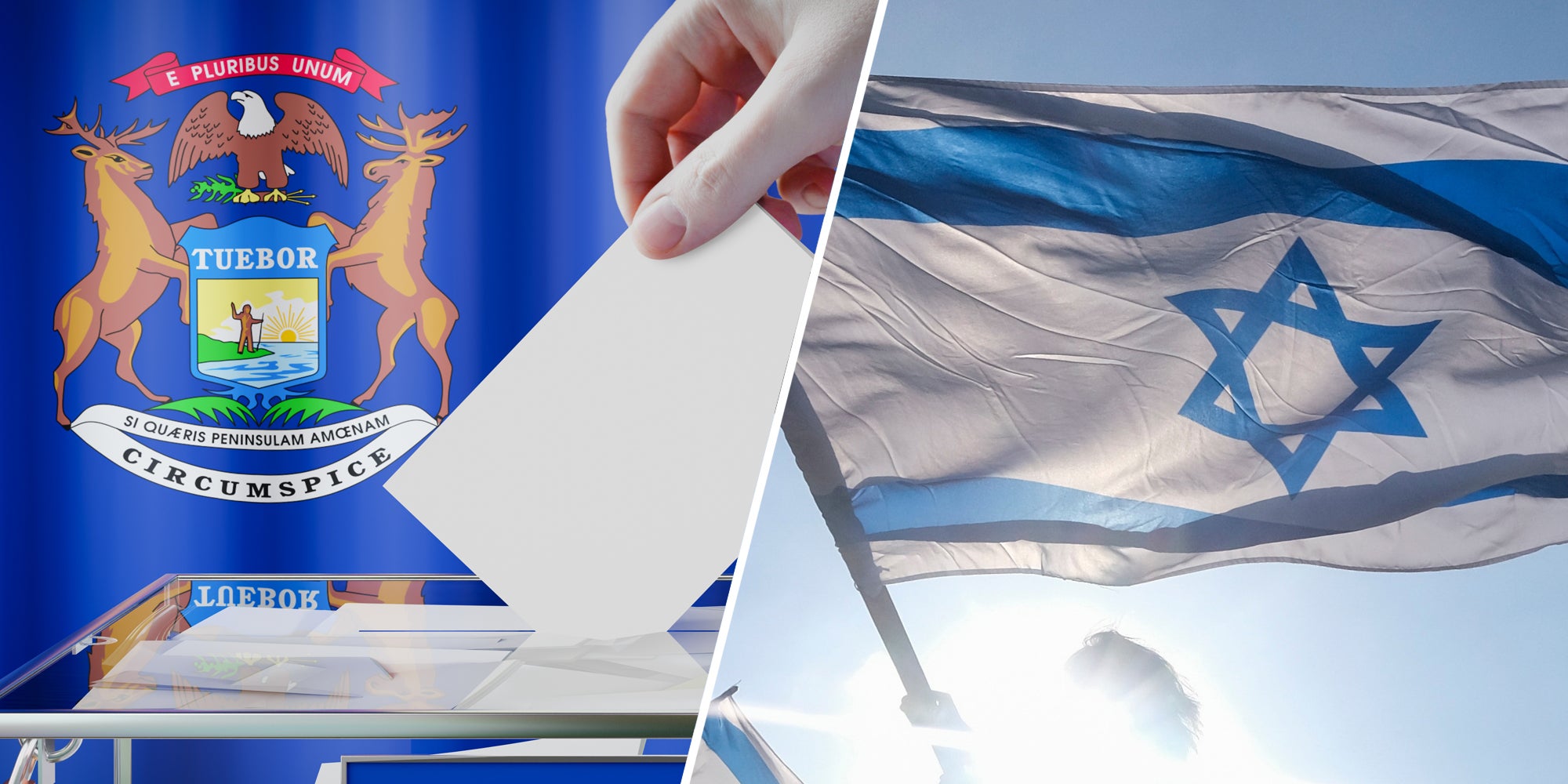 Michigan flag behind hand putting ballot in box(l), Someone holding israeli flag(r)