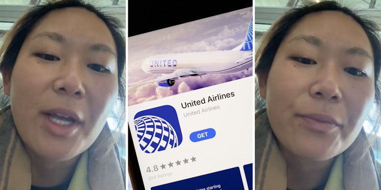 Woman talking(l+r), Phone with united airlines app(c)