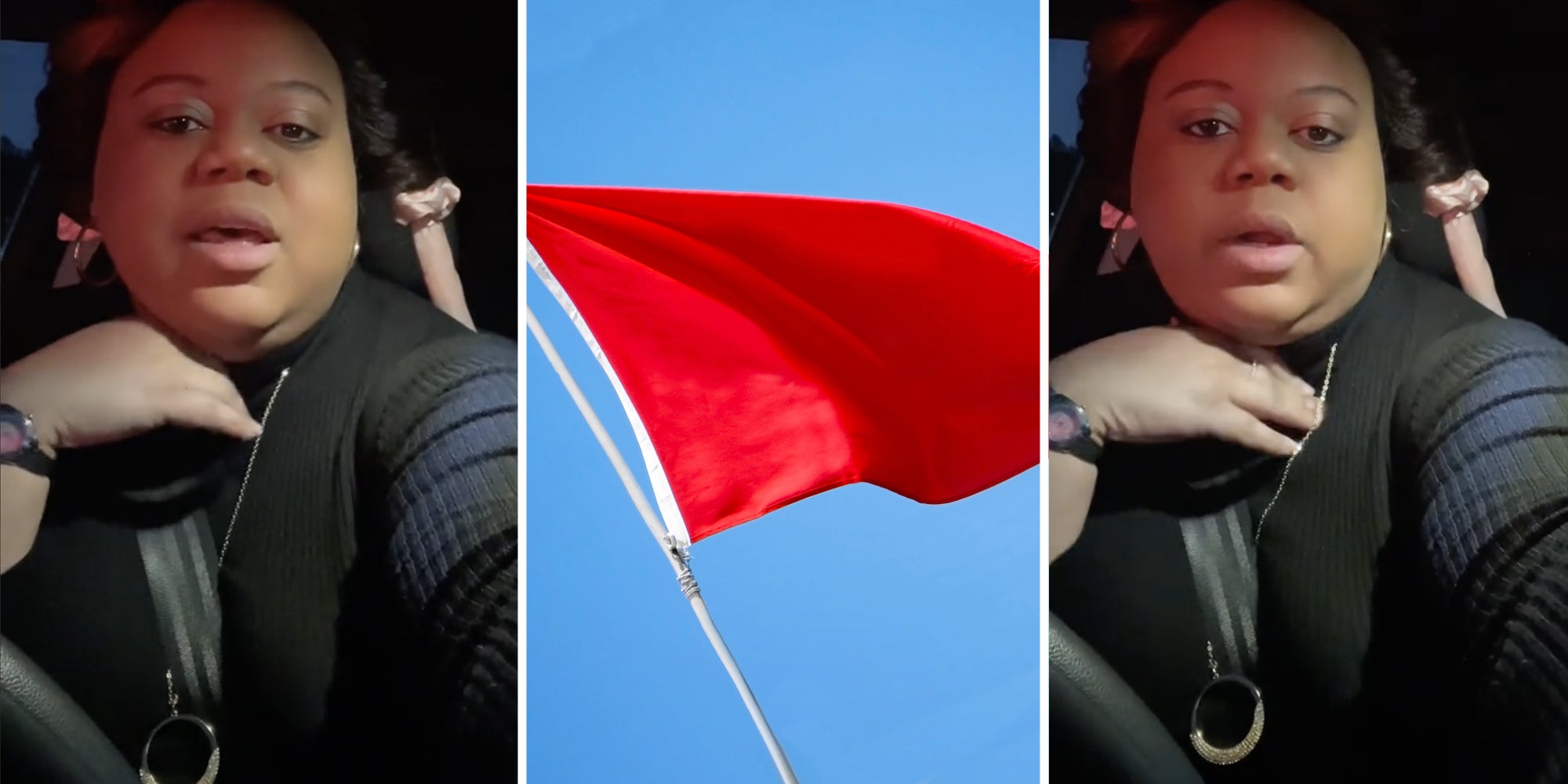 Woman talking(l+r), Red flag(c)