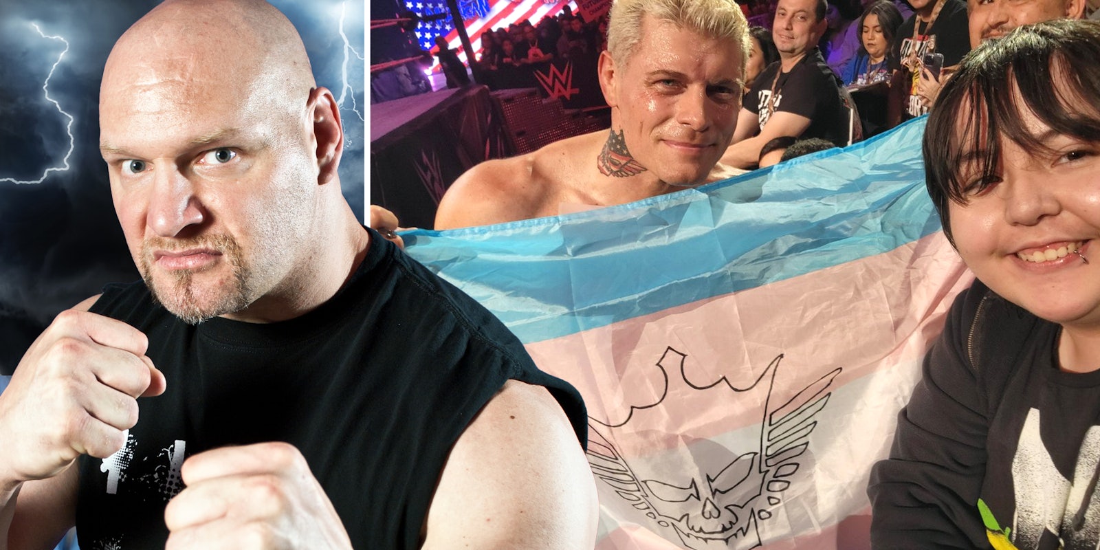 Val Venis(l), Cody Rhodes holding trans flag with fan(r)