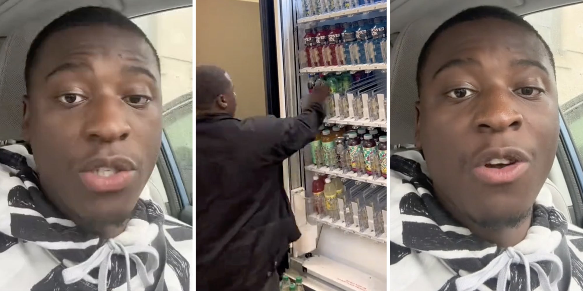 Man talking(l+r), Man filling up vending machine(c)