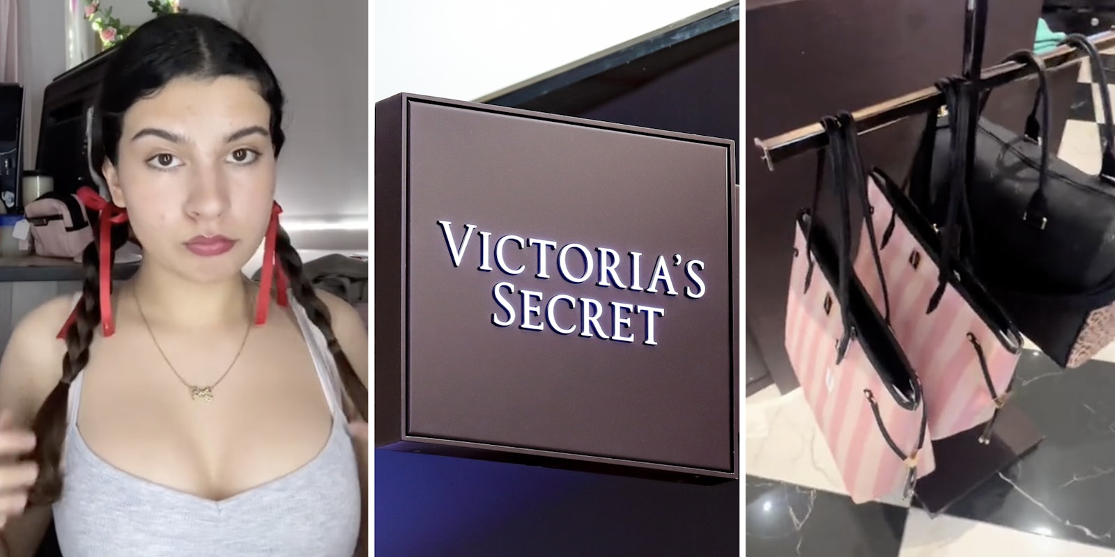 Woman(l), Victoria's Secret(c), Bags(r)
