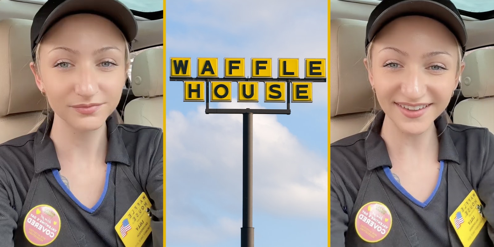Woman talking(l+r), Waffle House sign(c)