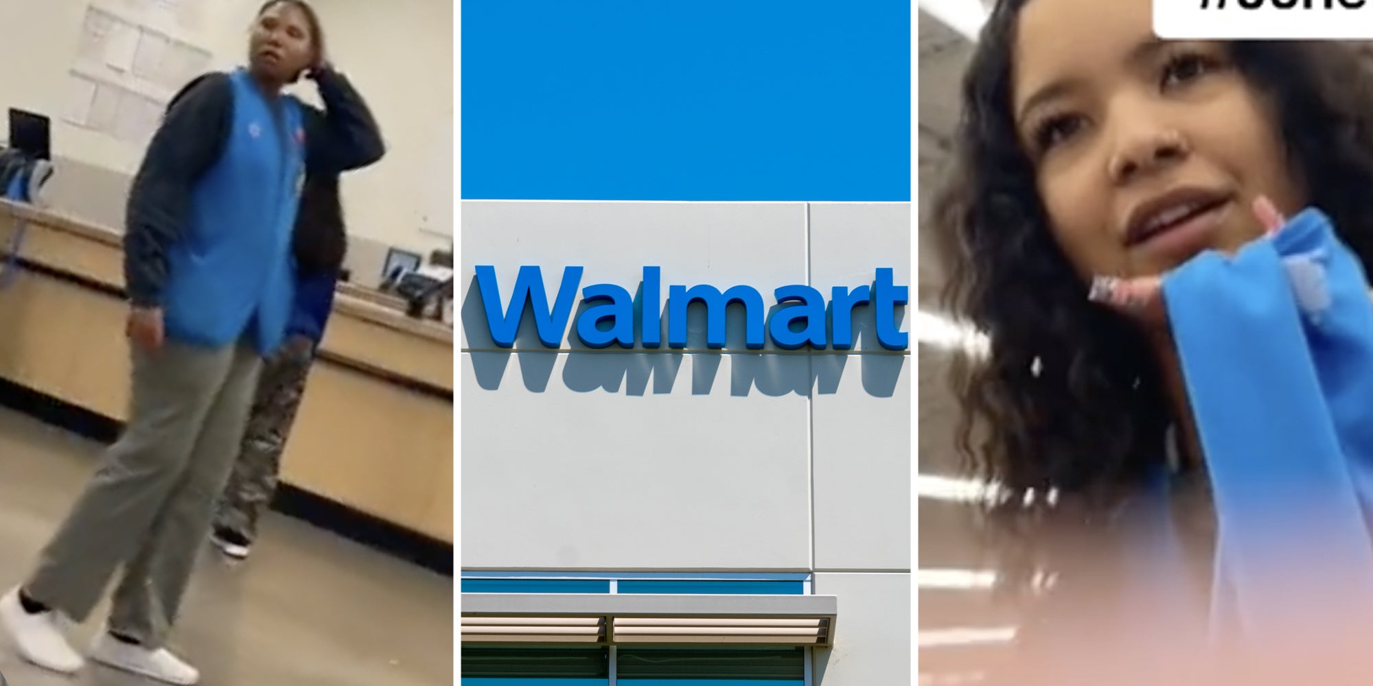 Walmart worker(l), Walmart(c), Different walmart worker(r)