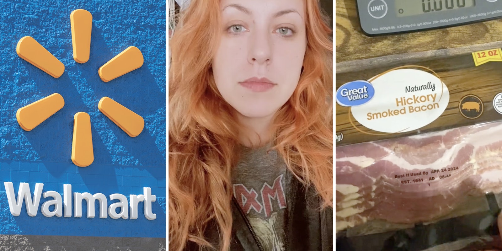 Walmart(l), Woman staring(c), Bacon in packaging(r)