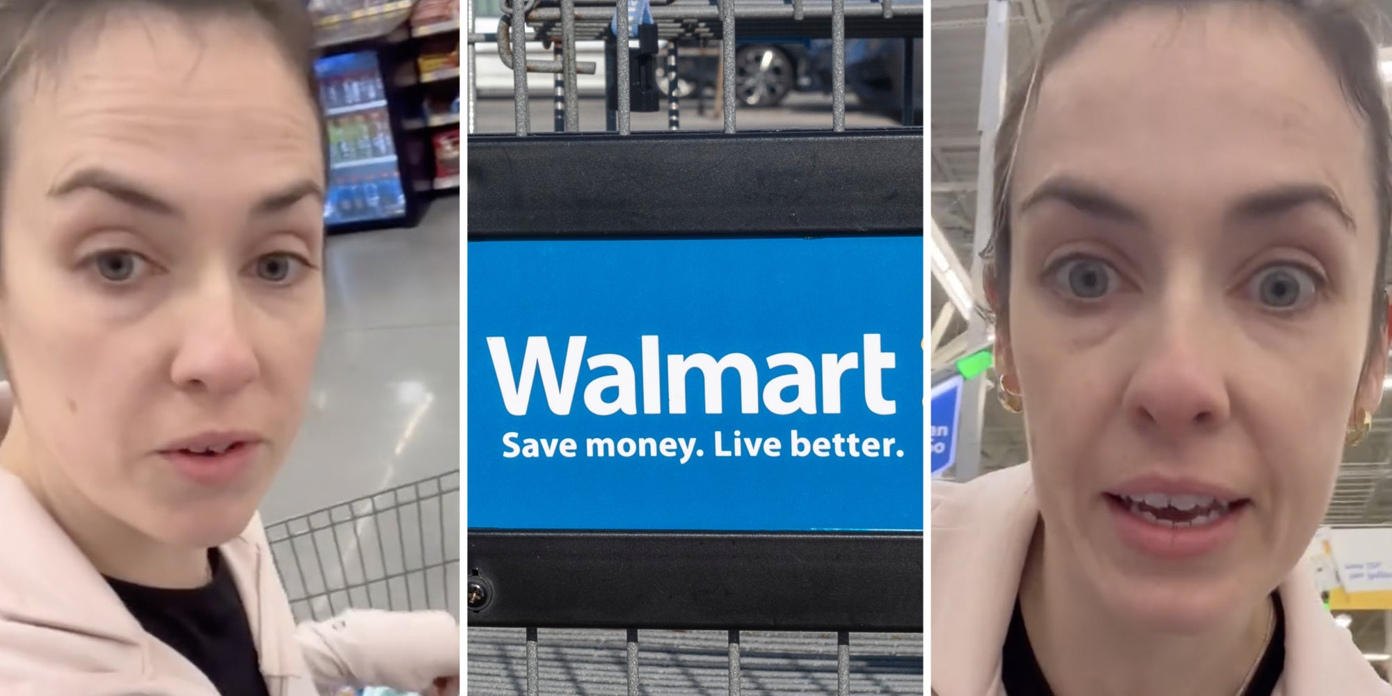 Woman talking(l+r), Walmart cart(c)