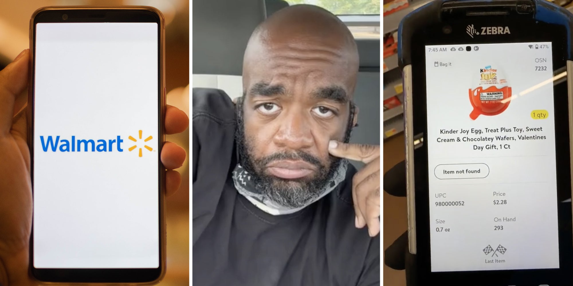 Hand holding phone with Walmart app(l), Man looking disappointed(c), Walmart scanner says item not found(r)