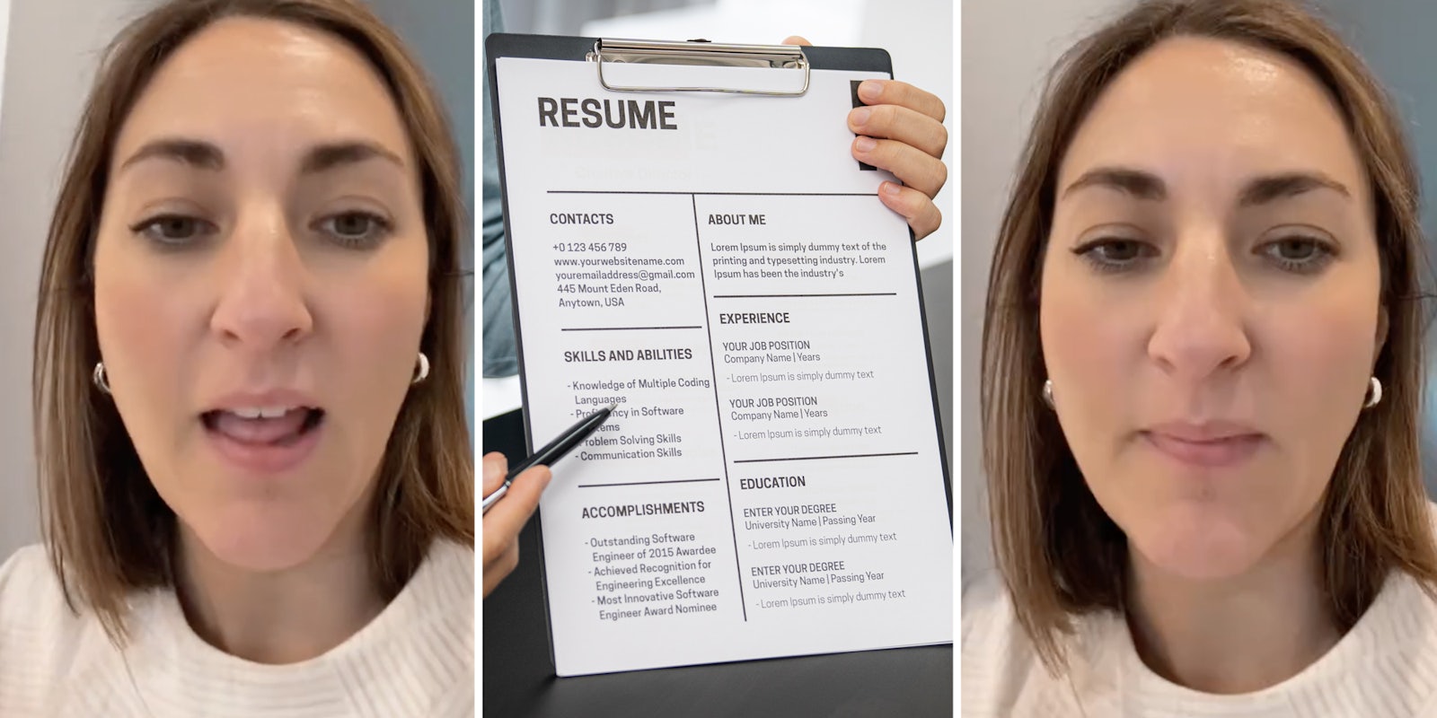 Woman talking(l+r), Hand with pen pointing at resume(c)