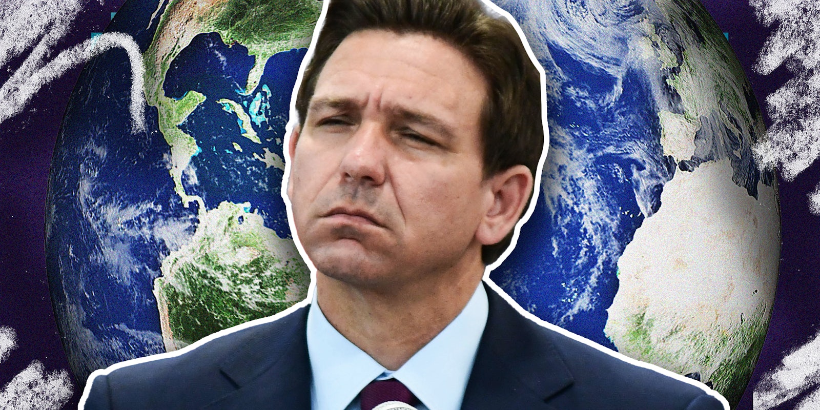 Ron Desantis looking confused in front of planet earth