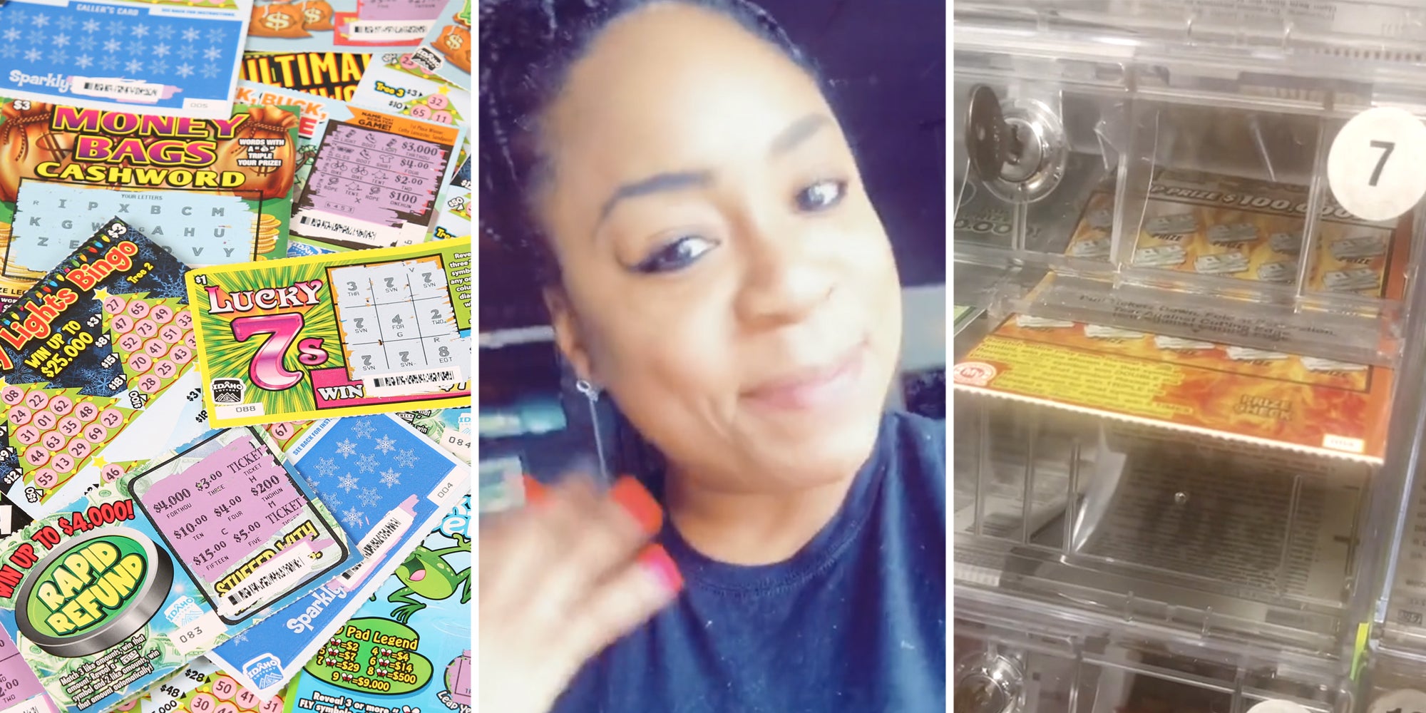 Scratchoffs(l+r), Woman smiling(c)
