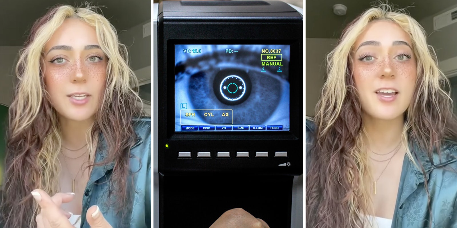 Woman talking(l+r), Eye exam on mini monitor(c)