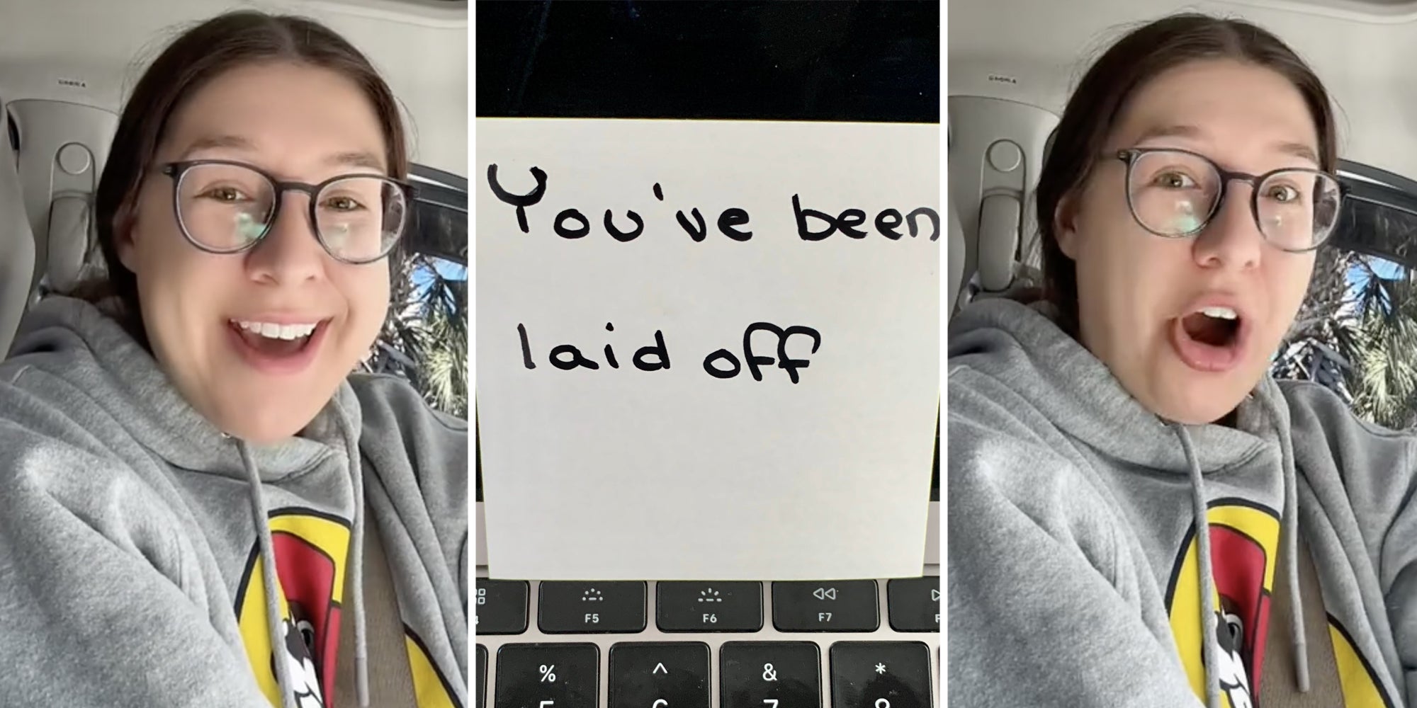 Woman talking(l+r), Post it note saying 'you've been laid off'(c)