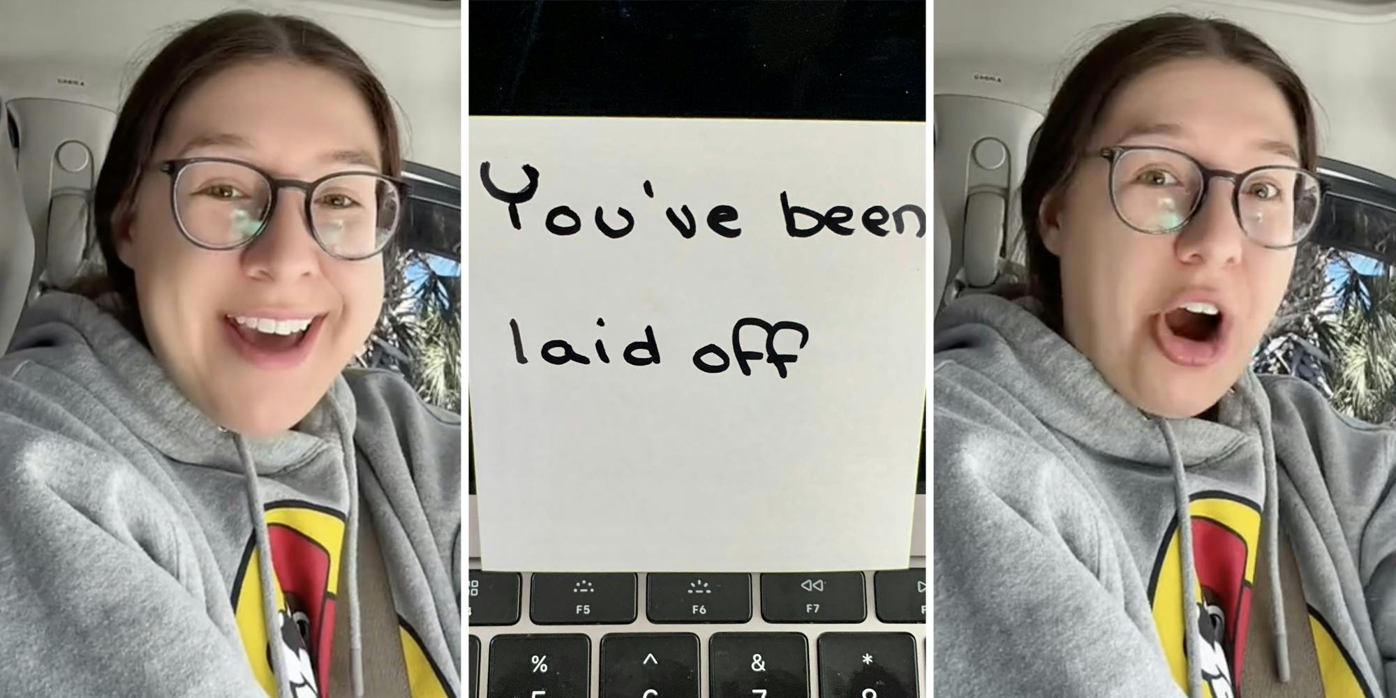 Woman talking(l+r), Post it note saying "you've been laid off"(c)