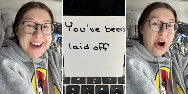 Woman talking(l+r), Post it note saying 'you've been laid off'(c)