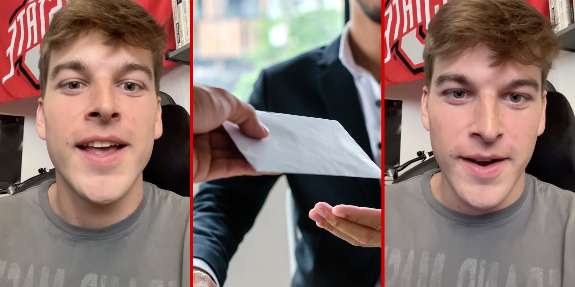 Man talking(l+r), Hands passing envelope(c)