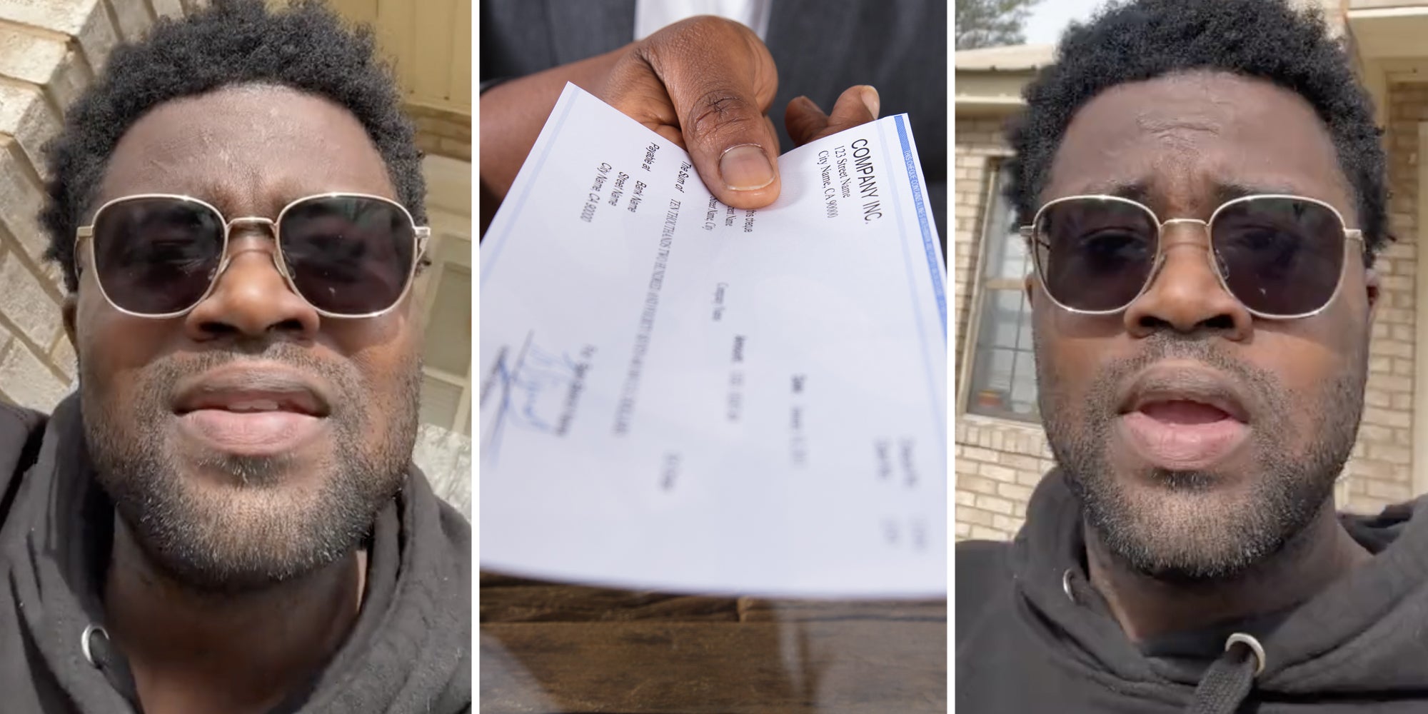 Man talking(l+r), Hand giving check(c)