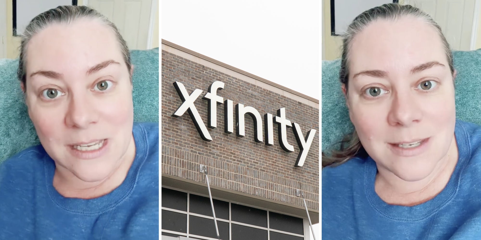 Woman talking(l+r), Xfinity sign(c)