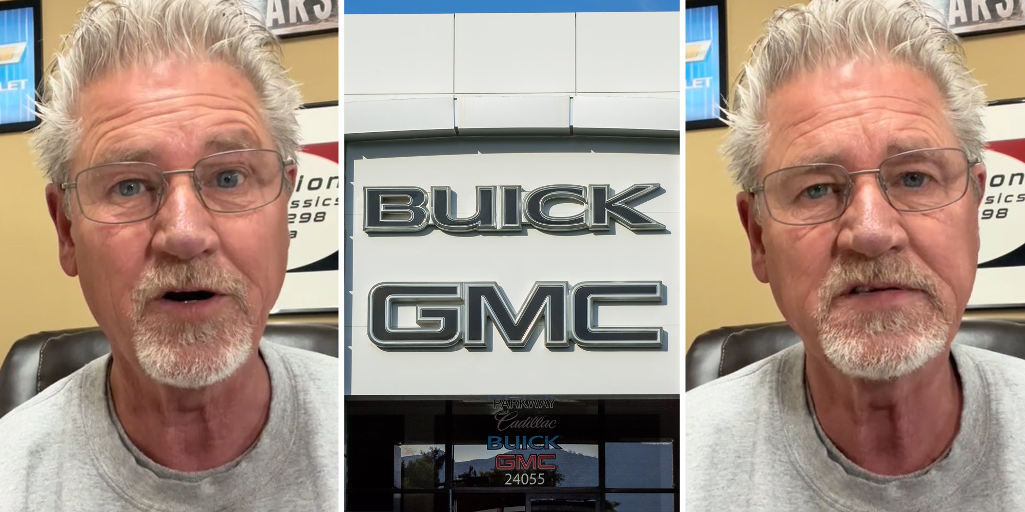 Man talking(l+r), Buick sign(c)