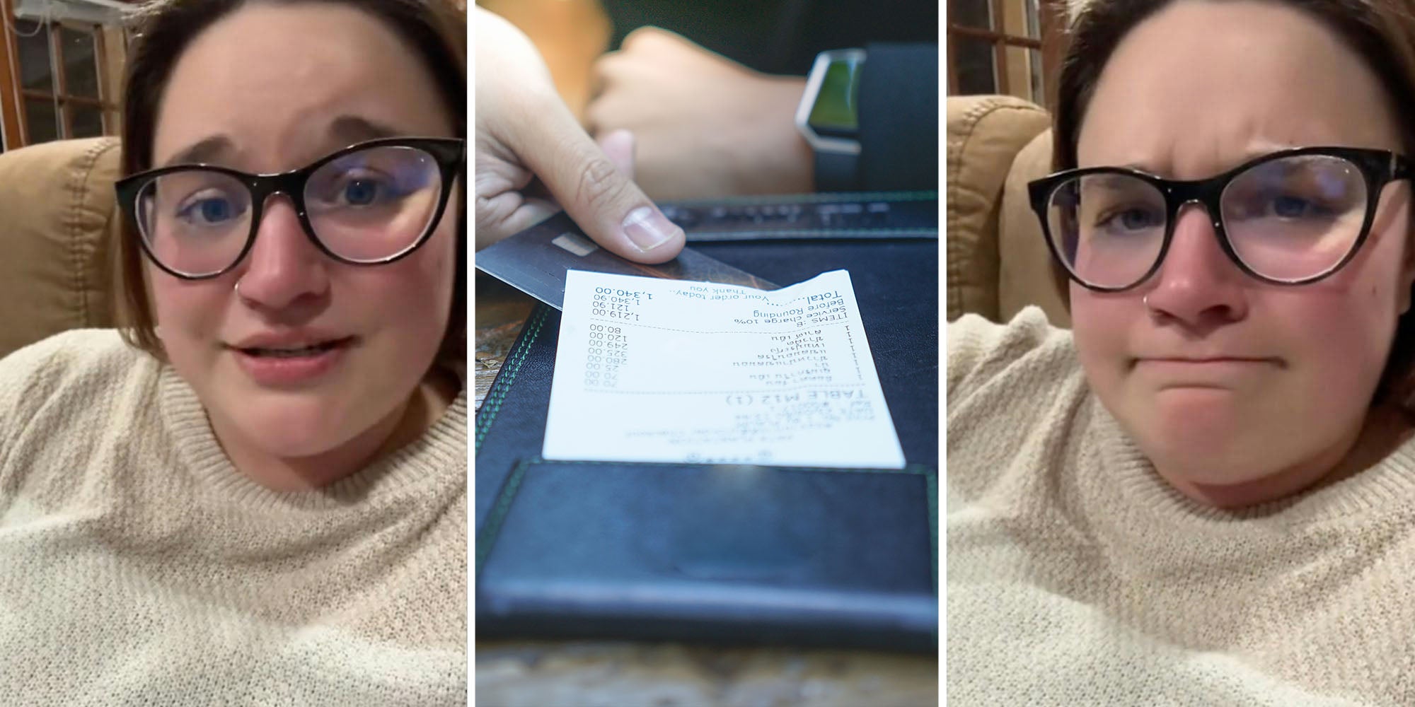 Woman talking(l+r), Hand passing bill(c)