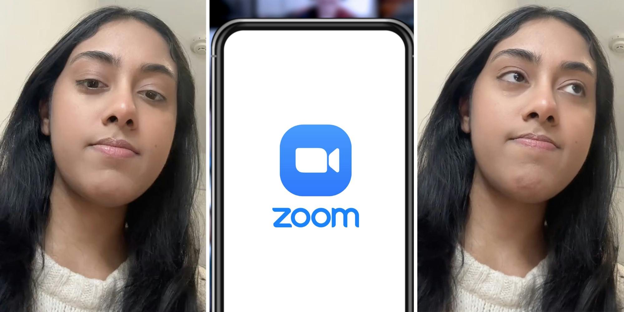 Woman talking(l+r), Zoom app on phone(c)