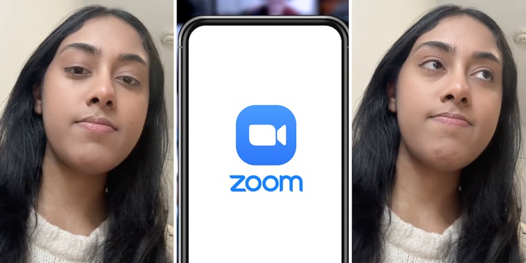 Woman talking(l+r), Zoom app on phone(c)