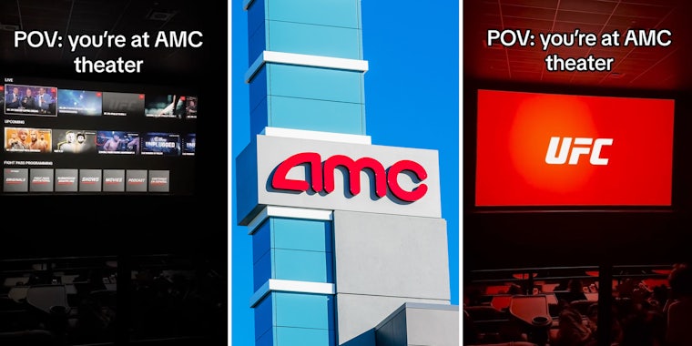 Customers buy tickets to AMC Theater. They pull up streaming services on the projector