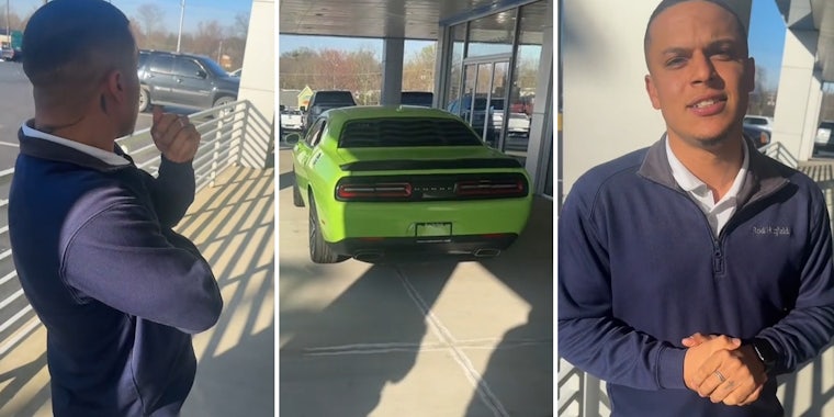 Car salesman changes his accent when a customer asks about the Dodge Charger