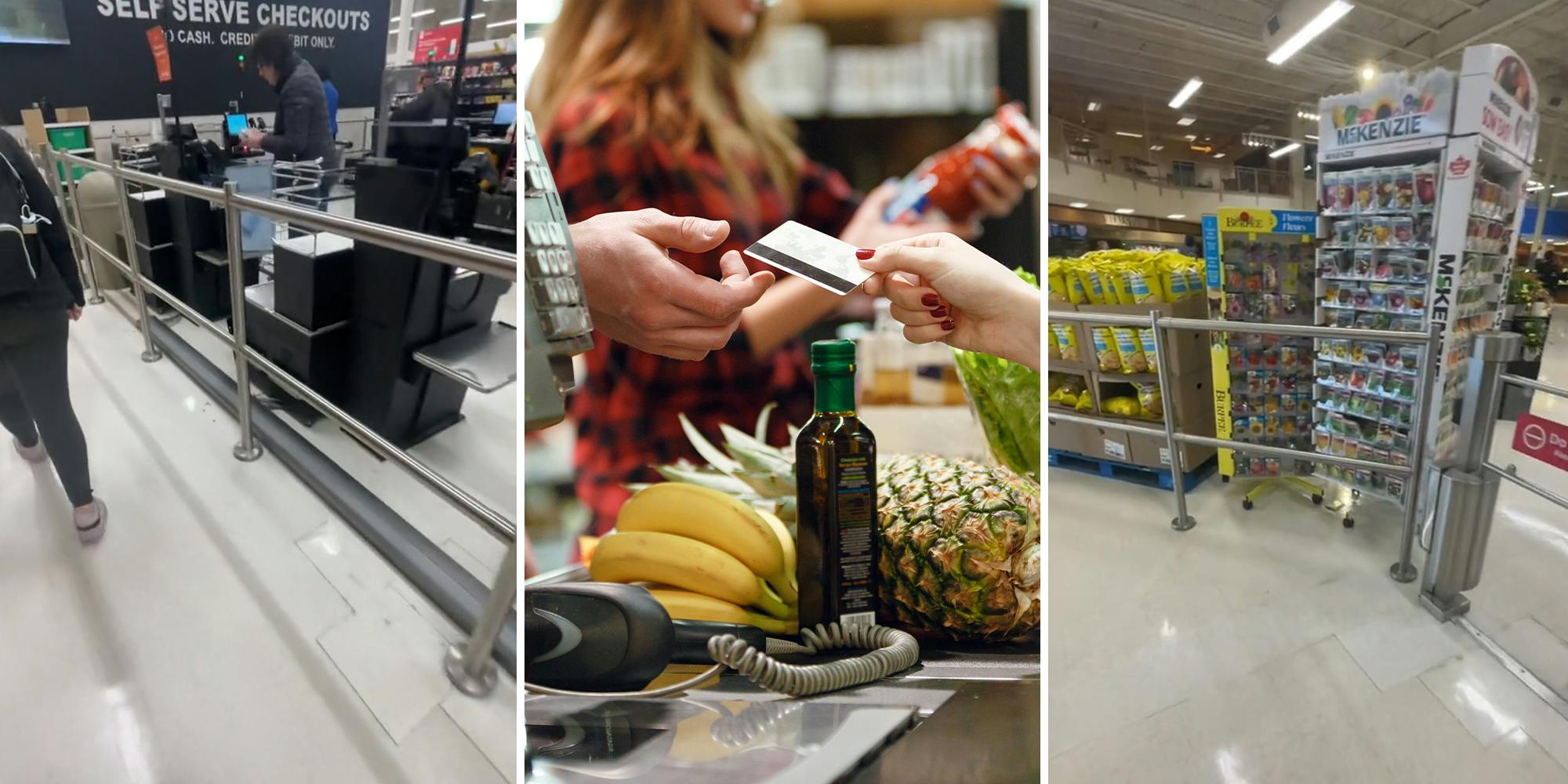 Customer shows grocery store’s self-checkout exits blocked by automatic gates