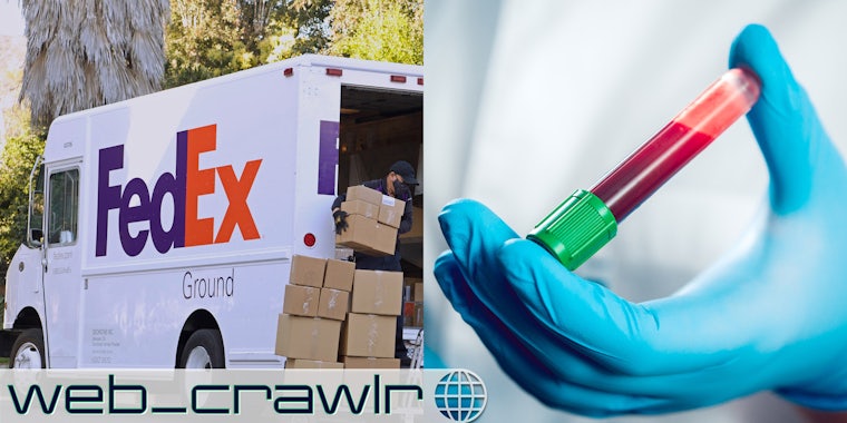 A FedEx truck with boxes is on the left. A vial of blood in a blue gloved hand is on the right. The Daily Dot newsletter web_crawlr logo is in the bottom left corner.