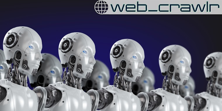 A row of robots. The Daily Dot newsletter web_crawlr logo is in the top right corner.