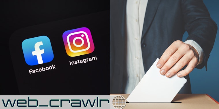 App icons for Facebook and Instagram next to someone voting. The Daily Dot newsletter web_crawlr logo is in the bottom left corner.