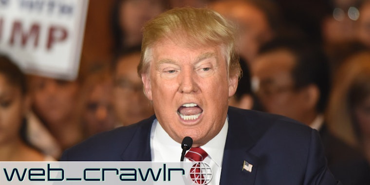 Donald Trump with his mouth open. The Daily Dot newsletter web_crawlr logo is in the bottom left corner.
