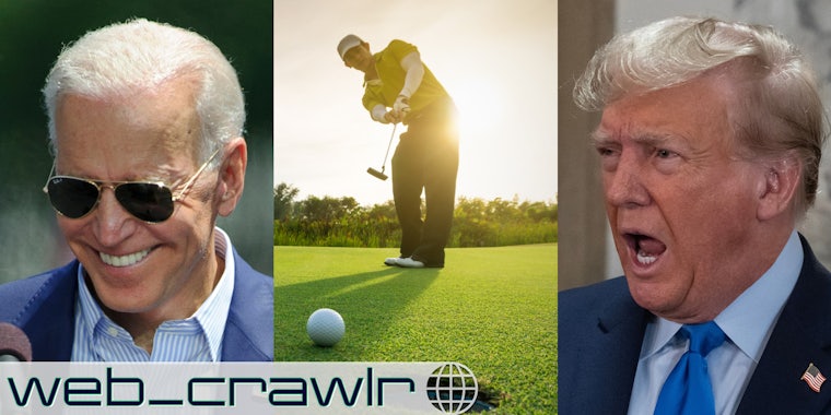 Joe Biden, a golfer, and Donald Trump. The Daily Dot newsletter web_crawlr logo is in the bottom left corner.