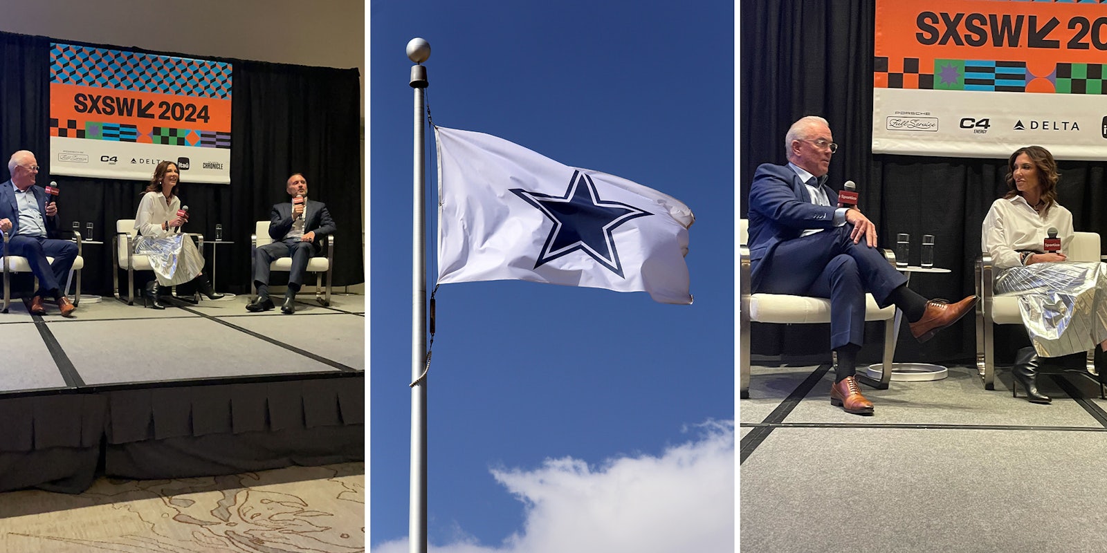 Speakers at SXSW; A Dallas Cowboys flag flies in front of the AT&T Stadium located in Arlington