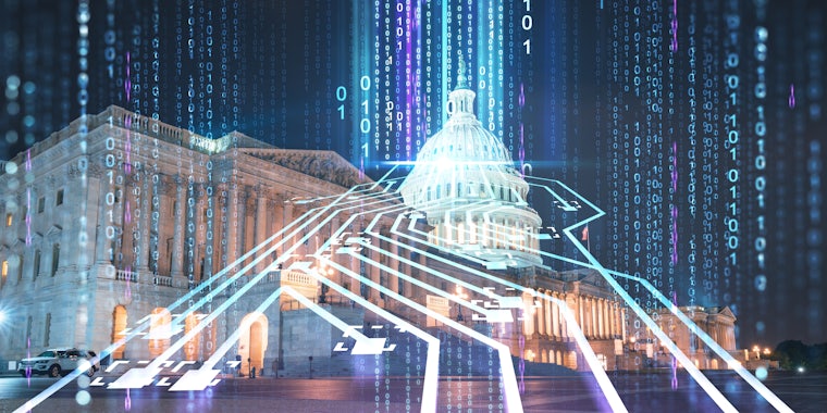 Digital Democracy. The Capitol building with code running across it.