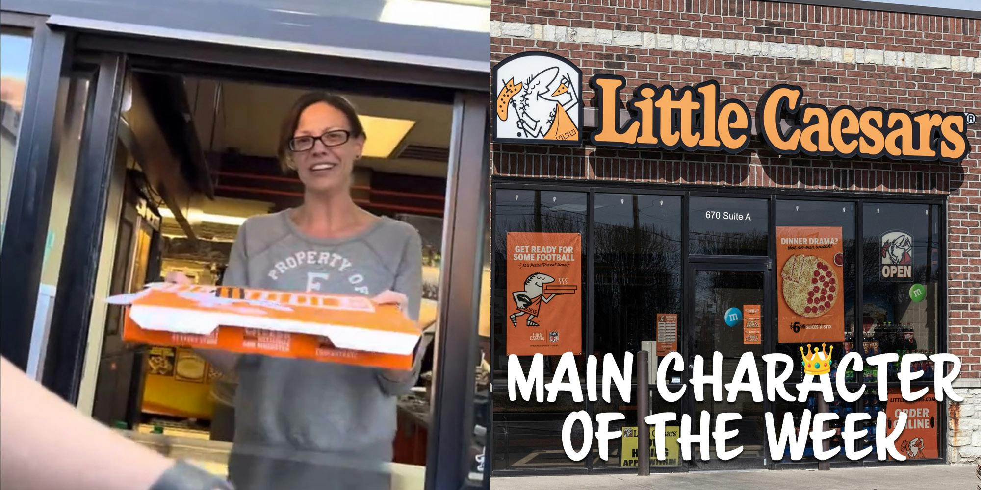 A Little Caesars manager holding a pizza. A Little Caesars sign is on the right hand side. Text that says 'Main Character of the Week' in a web_crawlr font is in the bottom right corner.