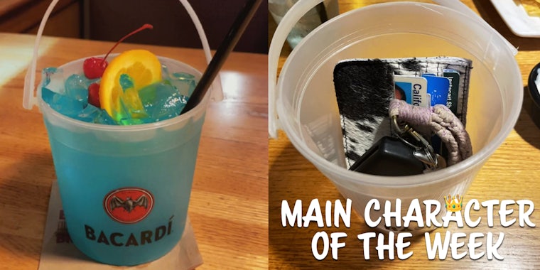 A side by side showing a full Bacardi Bucket and one with personal items in it. There is text that says 'Main Character of the Week' in a web_crawlr Daily Dot newsletter font.