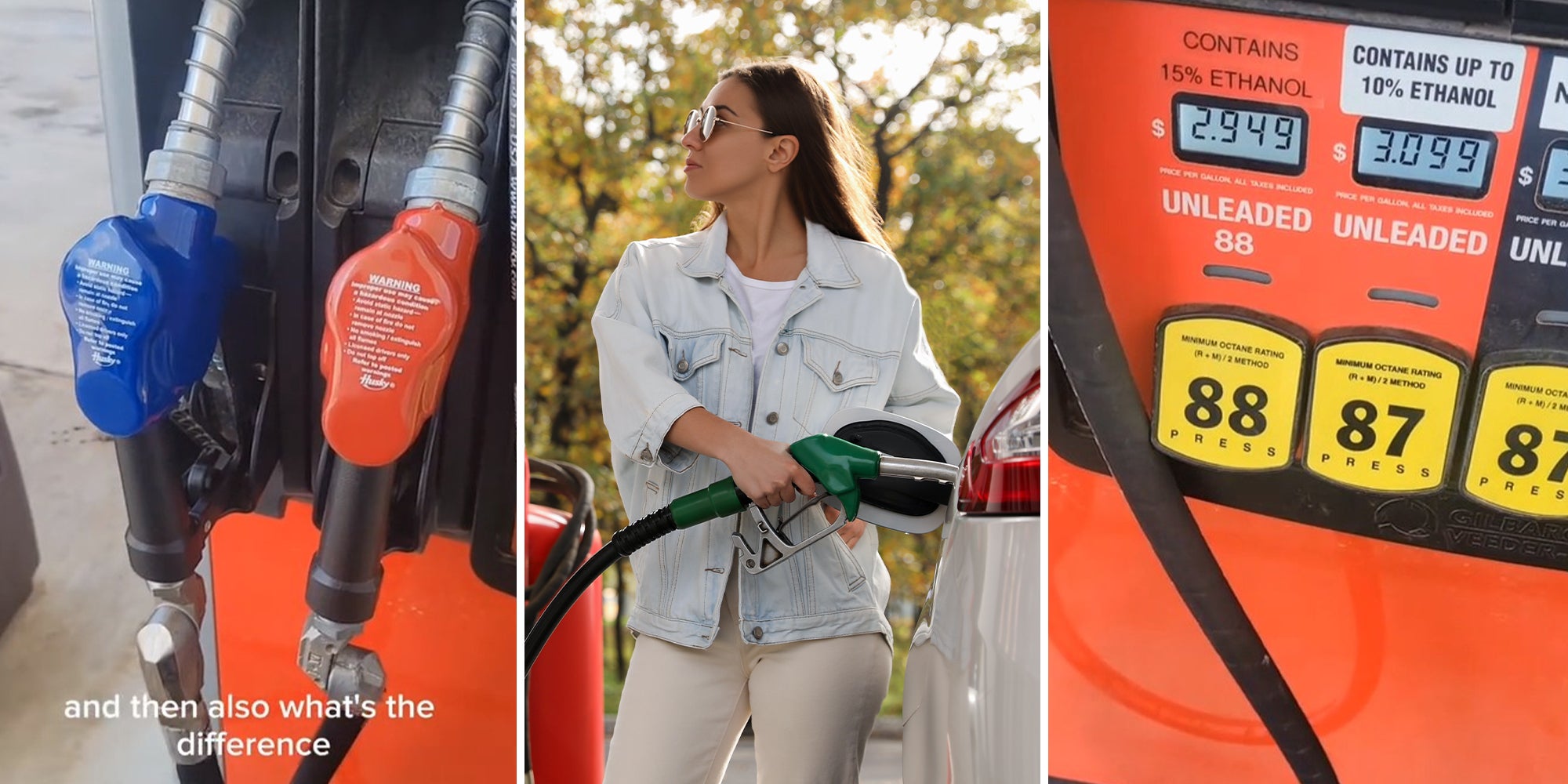 Woman at gas pump sees 88 unleaded is cheaper than 87