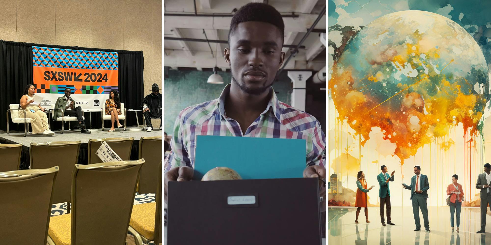 Young african man get fired from work at start-up. Male walks through the office, carrying box with personal belongings; Meeting of businessmen, world map, brainstorming for ideas and environmental solution, global teamwork , generative AI