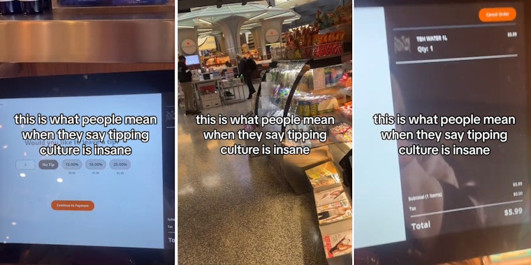 Customer buys water at self-checkout. She’s asked to leave a tip