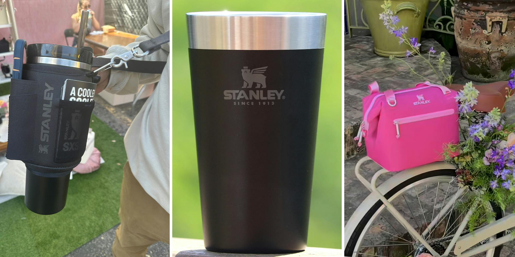 Stanley black thermal cup for drinking beer, on green background